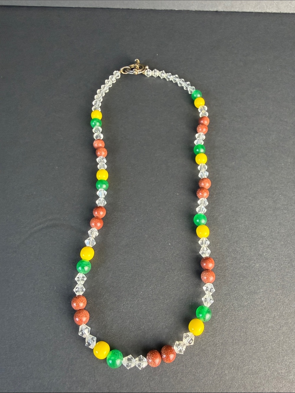 Colorful Glass Bead Necklace in Green, Yellow & Copper Tones